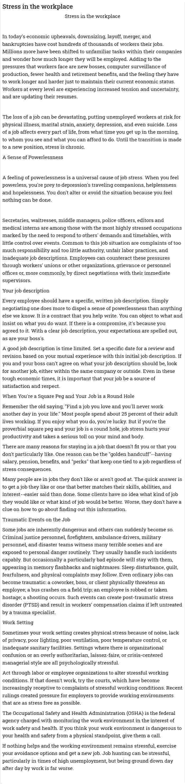 Stress in the workplace