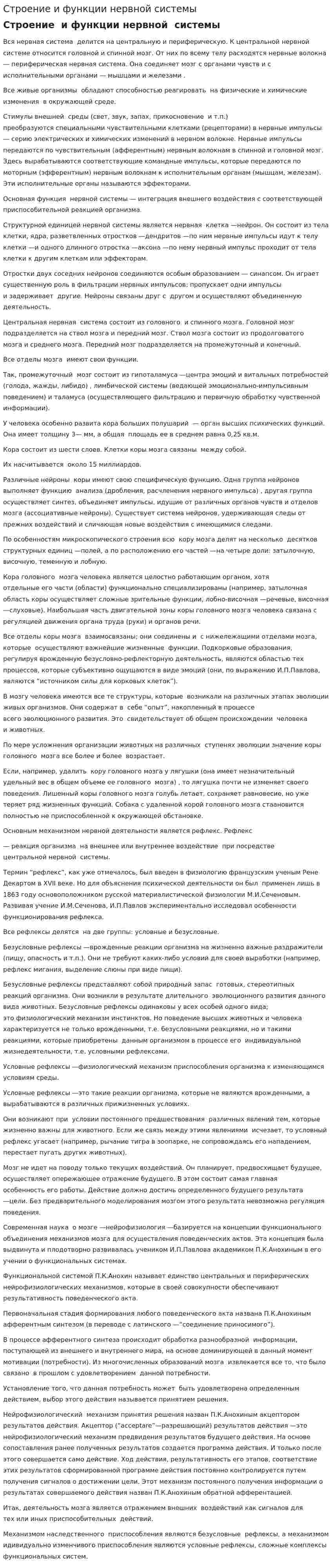 Строение и функции нервной системы