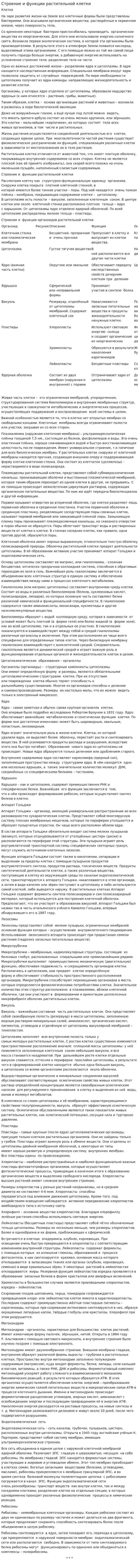 Строение и функции растительной клетки