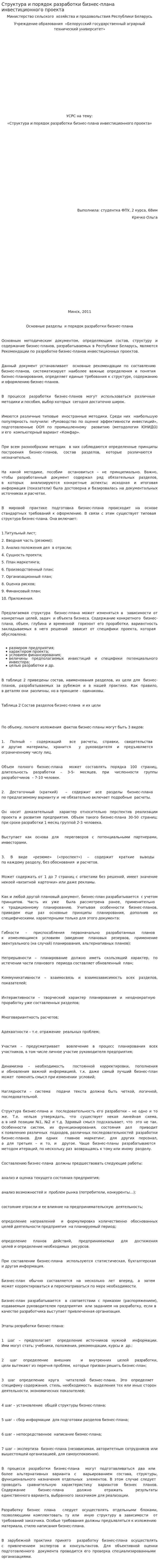Структура и порядок разработки бизнес-плана инвестиционного проекта