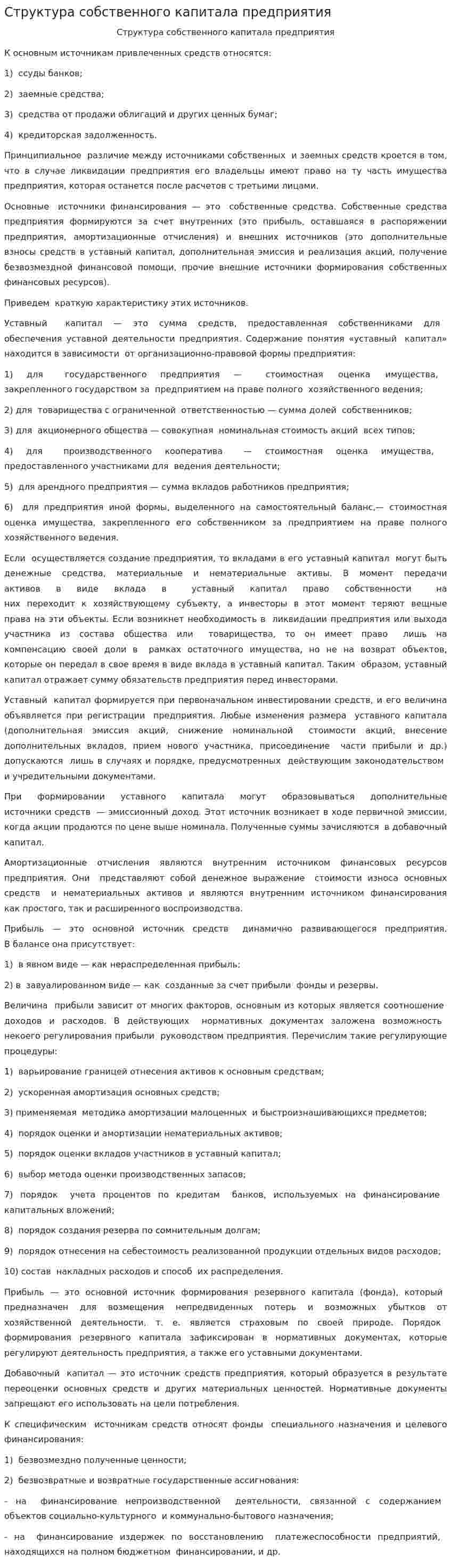 Структура собственного капитала предприятия