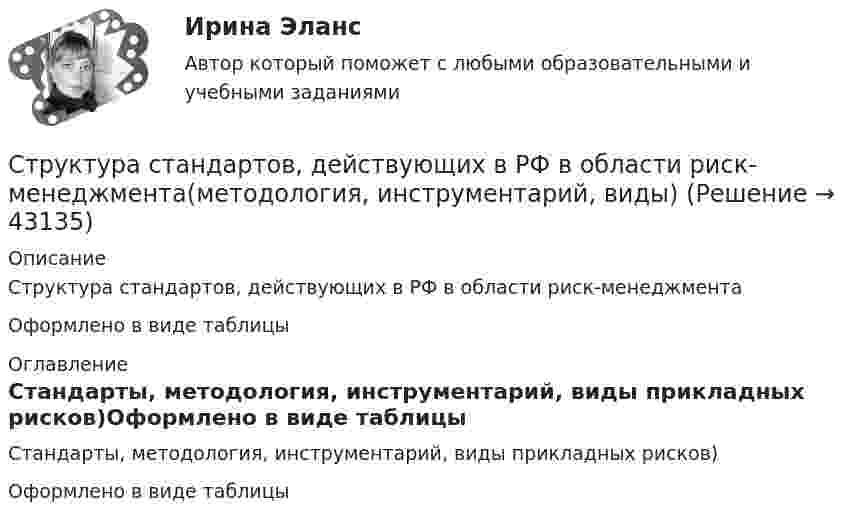      
            Описание
            Структура стандартов, действующих в РФ в области риск-менеджмента Оформлено в виде таблицы 
            Оглавление
            Стандарты, методология, инструментарий, виды прикладных рисков)Оформлено в виде таблицы 
            
            
            Структура социального действия Талкотта-ПарсонсаСтруктура стандартов, действующих в РФ  в области риск-менеджмента(методология, инструментарий, виды)Структура управления в муниципальное автономное учреждение дополнительного образования «Дворец творчества детей и учащейся молодежи» г. Сыктывкара Структура файла реляционной базы данным (БД) меняется:Структура экономического механизма природопользования применительно к каждому природному ресурсу (земля, недра, воды, леса, растительный, животный мир) РБСтруктура электронной биржиСтруктурированное собеседованиеСтруктура и классификация рекламных агентств Структура личности, Задание 2Структура механизмовСтруктура научного познанияСтруктура нейронной сети Хэмминга Задание 2 Вариант 4Структура распределения текущих затрат населения на различные виды товаров и услуг в некоторых странах мира является примером:Структура российского импорта и экспорта причины, динамика, последствия
