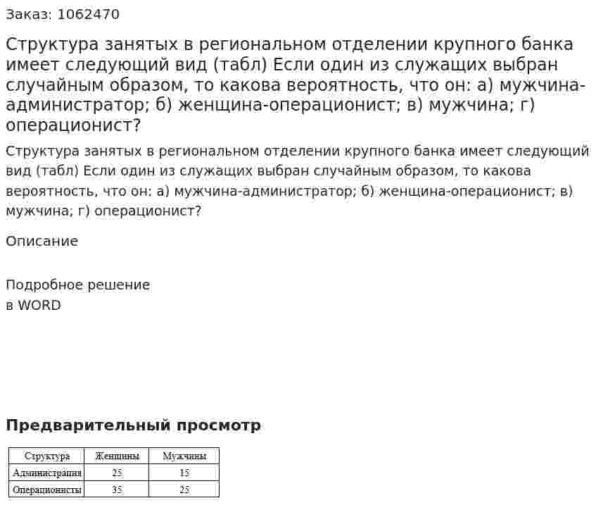 Структура занятых в региональном отделении крупного банка имеет следующий вид (табл) Если один из служащих выбран случайным образом, то какова вероятность, что он: а) мужчина-администратор; б) женщина-операционист; в) мужчина; г) операционист? 