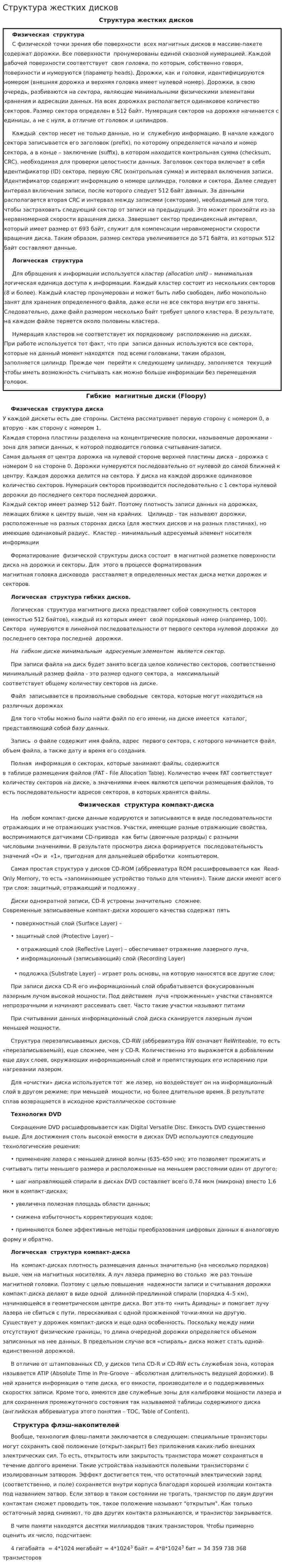Структура жестких дисков