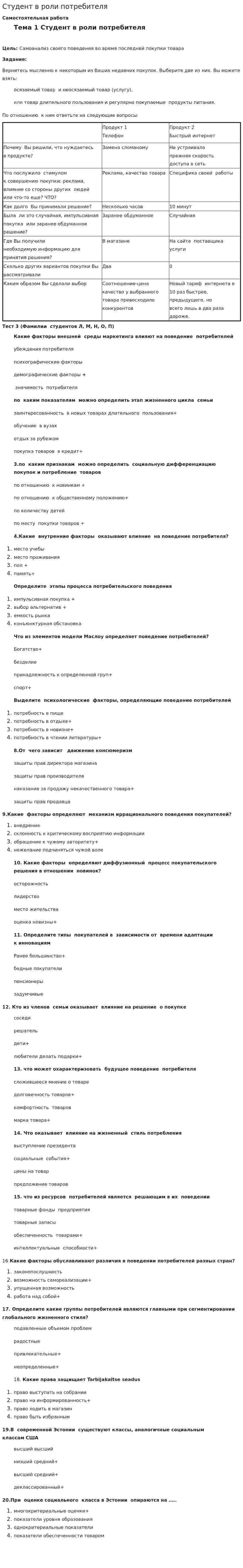 Студент в роли потребителя