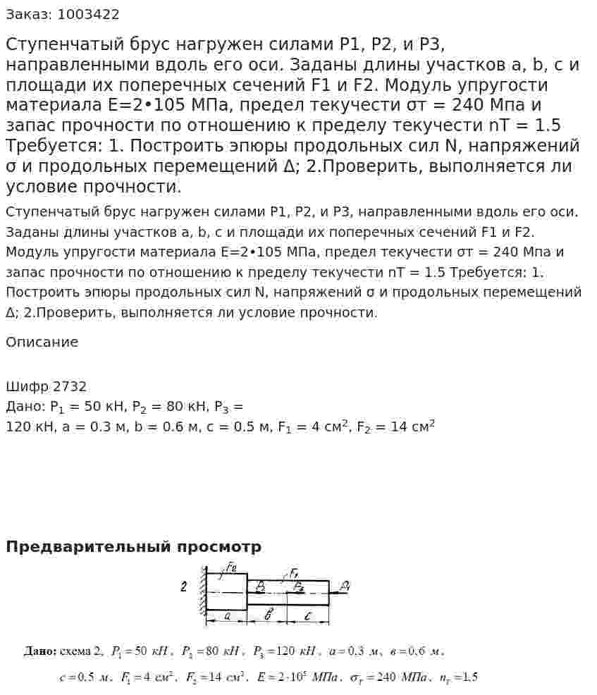 Ступенчатый брус нагружен силами Р1, Р2, и Р3, направленными вдоль его оси. Заданы длины участков a, b, c и площади их поперечных сечений F1 и F2. Модуль упругости материала E=2•105  МПа, предел текучести σт = 240 Мпа и запас прочности по отношению к пределу текучести nТ = 1.5 Требуется: 	1. Построить эпюры продольных сил N, напряжений σ и продольных перемещений Δ; 2.Проверить, выполняется ли условие прочности. 