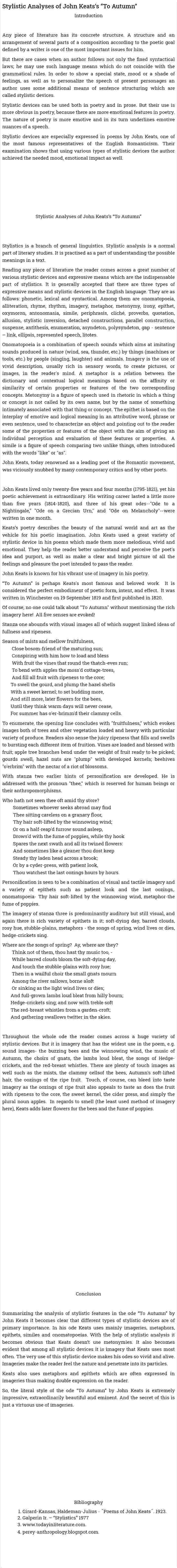 Stylistic Analyses of John Keats’s “To Autumn”