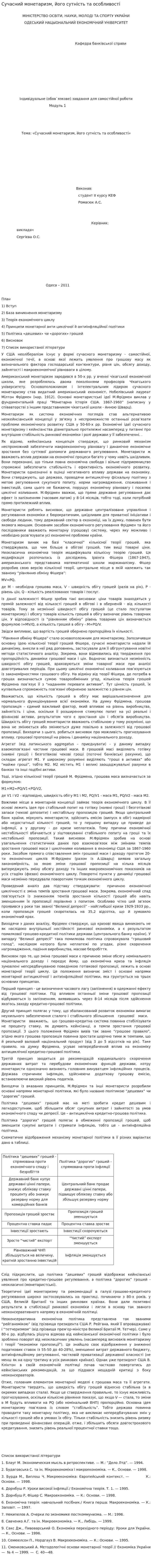 Сучасний монетаризм, його сутність та особливості
