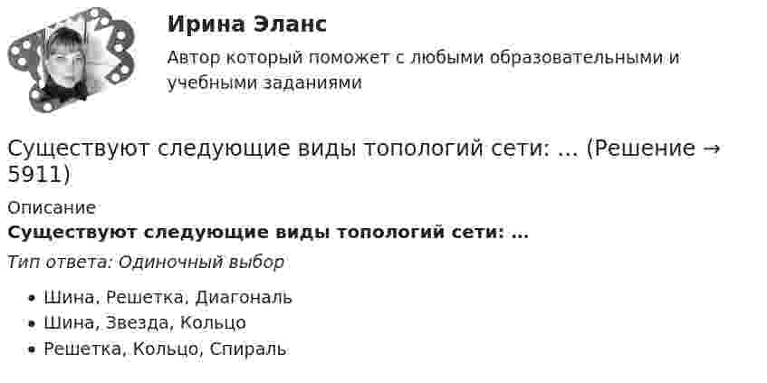      
          Описание
          Существуют следующие виды топологий сети: …Тип ответа: Одиночный выборШина, Решетка, ДиагональШина, Звезда, КольцоРешетка, Кольцо, Спираль  
            
            
            Существуют следующие виды муниципальных облигаций:...Существуют следующие виды топологий сети: …Существуют следующие способы управления конфликтомСуществуют следующие формы распоряженияСуществуют такие виды облаков, как ... облако (укажите 3 варианта ответа)Существуют такие понятия, как «лидер» и «менеджер». Можно ли считать эти понятия синонимами? Обоснуйте свой ответ.Существуют такие способы изменения цены, как …Существует несколько разнообразных видов люстр. Они отличаются друг от друга по внешнему видуСуществует несколько разнообразных видов люстр. Они отличаются друг от друга по внешнему видуСуществует определенный рейтинг компаний, выпускающих подгузники для детей. Маркетологом был проведен сравнительный анализ компании Huggies с его основными конкурентами на основе рейтинговой оценки брендов (см. таблицу ниже) и многоугольника конкуренСуществует ... планирование тренировки в избранном виде спортаСуществует ... признака трансформации банкротства-инструмента в банкротство-институт Существуют два вида познания: познание как процесс и как форма духовной деятельности. Как форма духовной деятельности оно существует в обществе с момента его возникновения, проходя с ним определенные этапы развития. Можно ли в таком случаеСуществуют некоторые особенности формирования описей электронных документов.  Установите, какие утверждения являются верными, а какие - нет. 