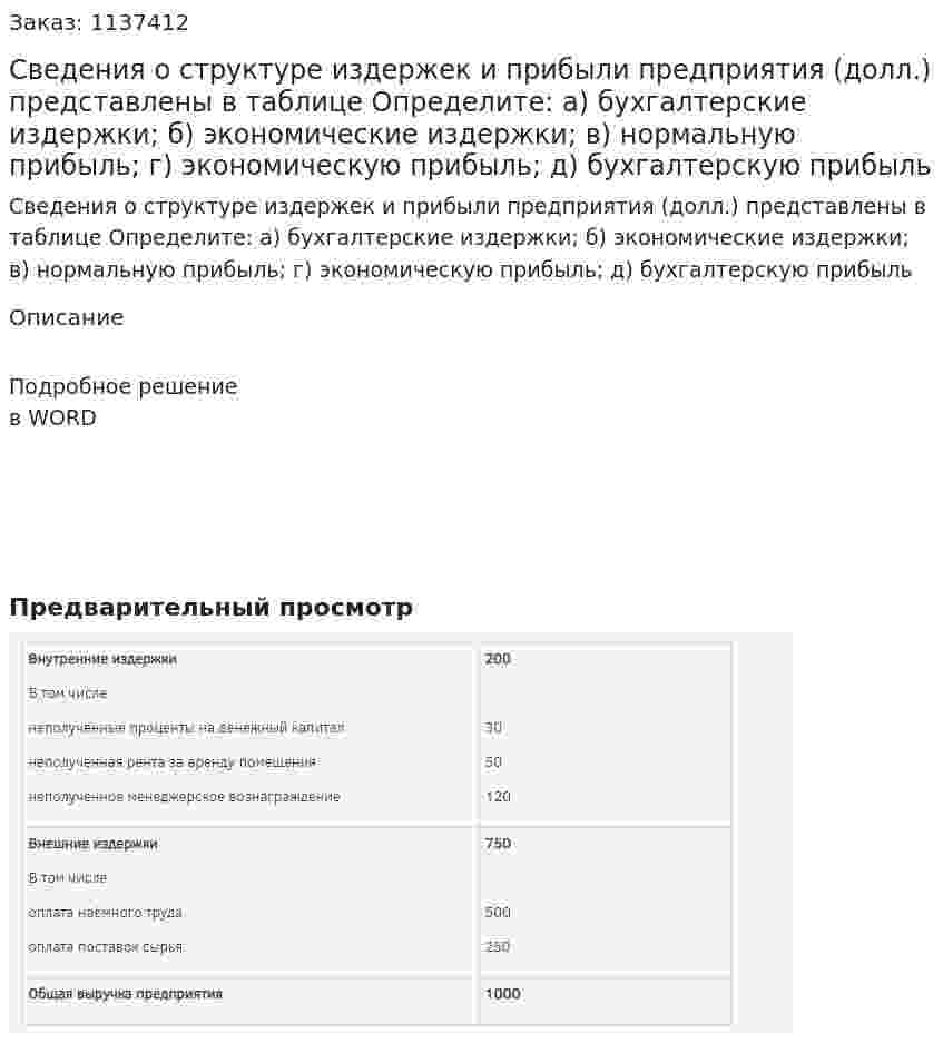 Сведения о структуре издержек и прибыли предприятия (долл.)  представлены в таблице  Определите: а) бухгалтерские издержки; б) экономические издержки; в) нормальную прибыль; г) экономическую прибыль; д) бухгалтерскую прибыль 