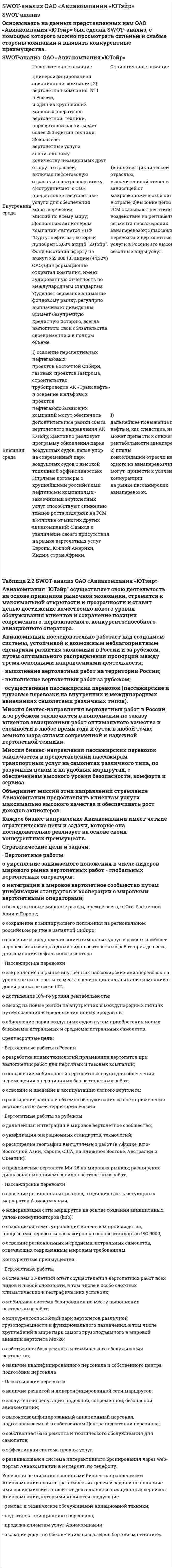 SWOT-анализ ОАО «Авиакомпания «ЮТэйр»