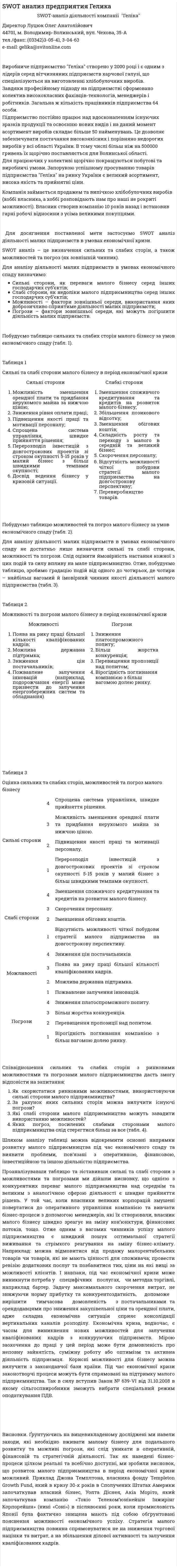 SWOT анализ предприятия Гелика