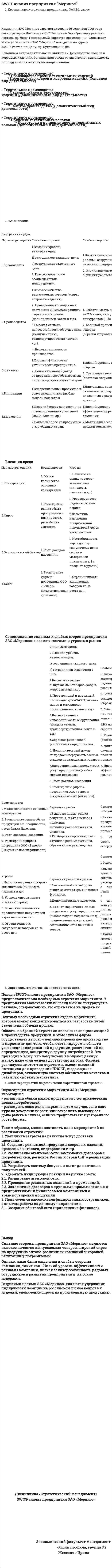 SWOT-анализ предприятия "Меринос"