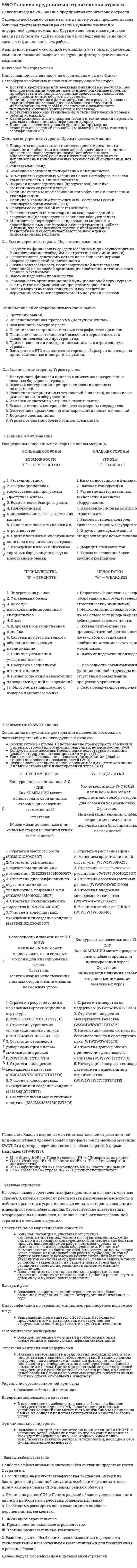 SWOT-анализ предприятия строительной отрасли