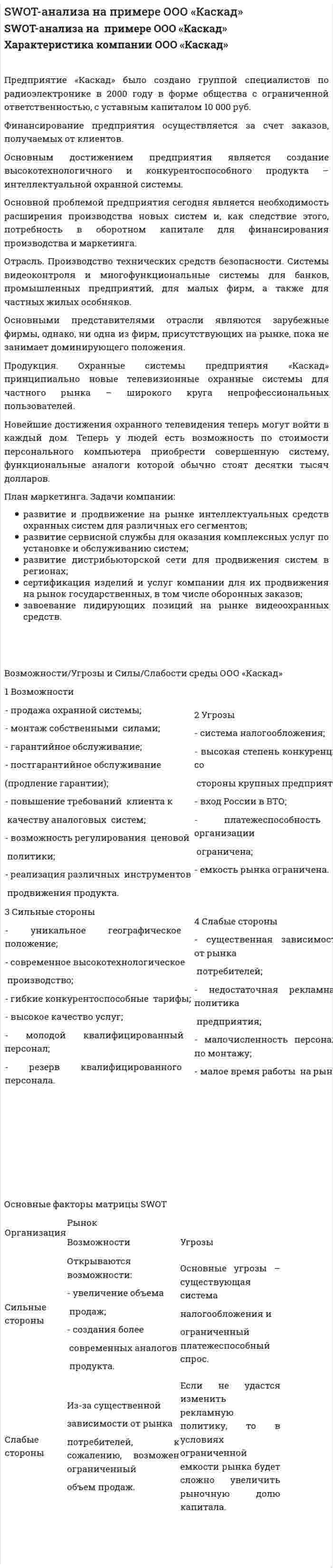 SWOT-анализа на примере ООО «Каскад»