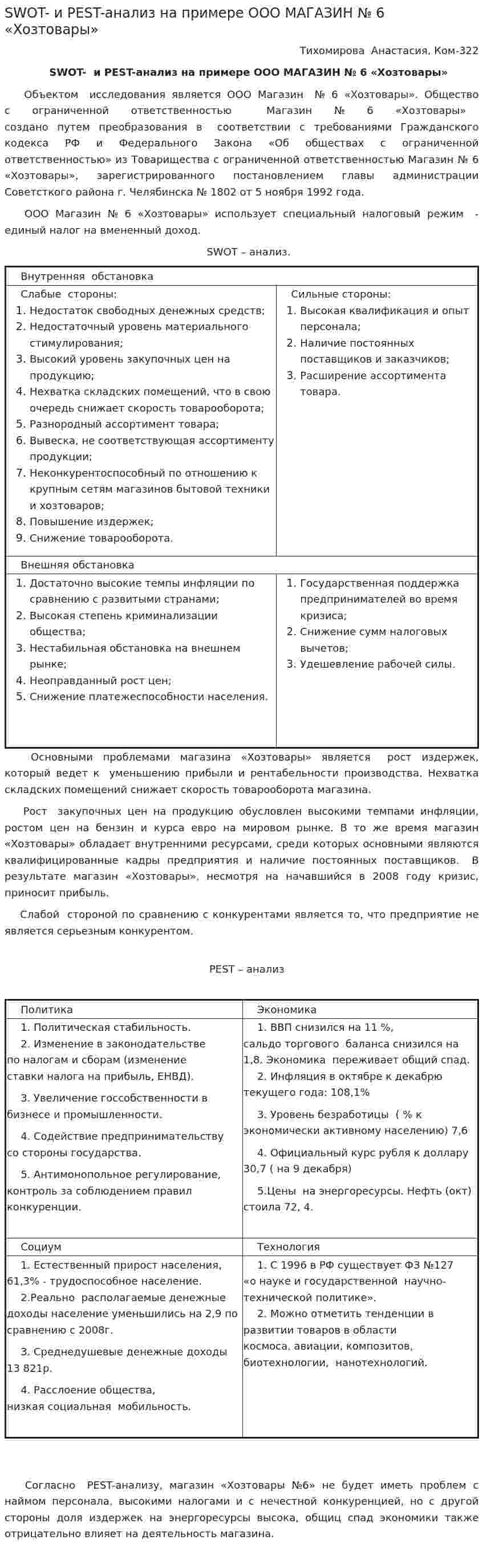 SWOT- и PEST-анализ на примере ООО МАГАЗИН № 6 «Хозтовары»