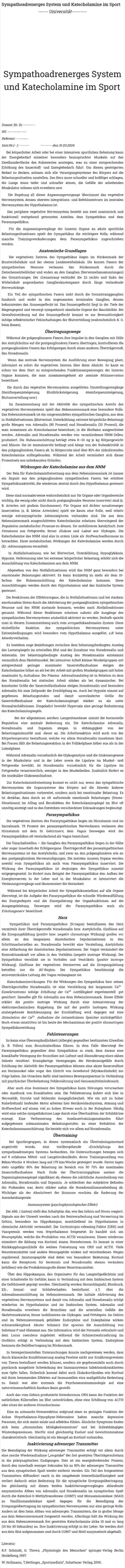 Sympathoadrenerges System und Katecholamine im Sport