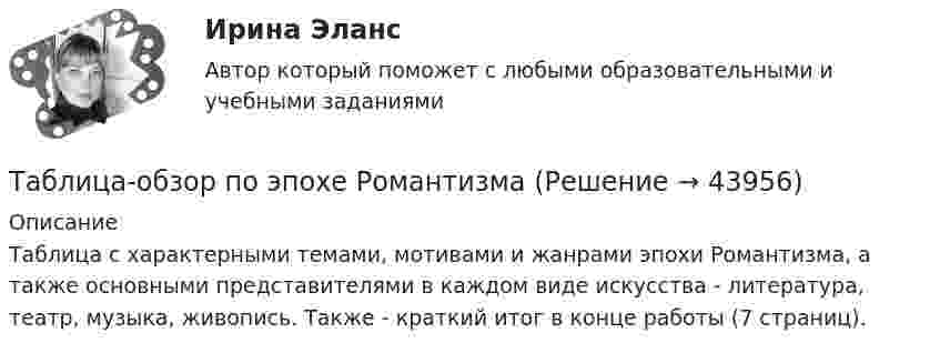      
            Описание
            Таблица с характерными темами, мотивами и жанрами эпохи Романтизма, а также основными представителями в каждом виде искусства - литература, театр, музыка, живопись. Также - краткий итог в конце работы (7 страниц).  
            
            
            Таблица-обзор на тему Новые идеи, темы, жанры эпохи ПросвещенияТаблица-обзор по эпохе РомантизмаТаблица основных эффектов возбуждения симпатической и парасимпатической иннервации со стороны внутренних органов с указанием типа рецепторов, которые опосредуют данные измененияТаблица пенсия, соцобслуживание, медицинатаблица- периодизация психического развитиятаблица по философии росдистантТаблица по экологическому правуТаблица 6. ПРАВА НА НЕДВИЖИМЫЕ ВЕЩИТаблица 7. ВЕЩНО-ПРАВОВЫЕ ИСКИТаблица 8. СПОСОБЫ ОБЕСПЕЧЕНИЯ ИСПОЛНЕНИЯ ОБЯЗАТЕЛЬСТВ (ГЛАВА 23 ГК РФ)Таблица 9. ПРЕДПРИНИМАТЕЛЬСКИЕ ДОГОВОРЫ (РАЗДЕЛ IV ГК РФ)Таблица в HTML Таблица – «Виды моделирования при решении текстовых задач» В таблице «Виды моделирования при решении текстовых задач» заполните позицию «Необходимо определить» в графе «Интерпретация модели».Таблица Законодательный процесс в РФ