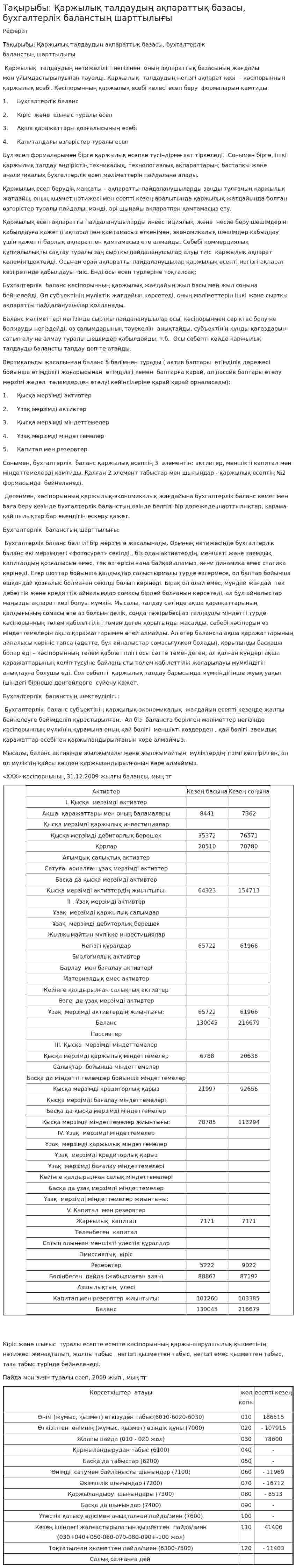 Тақырыбы: Қаржылық талдаудың ақпараттық базасы, бухгалтерлік баланстың шарттылығы