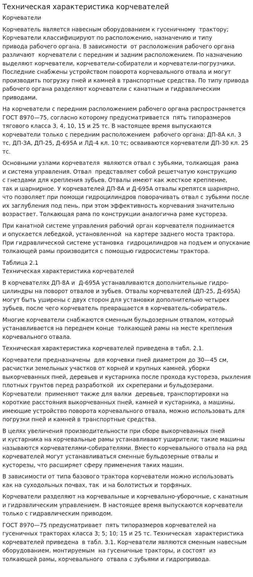 Техническая характеристика корчевателей
