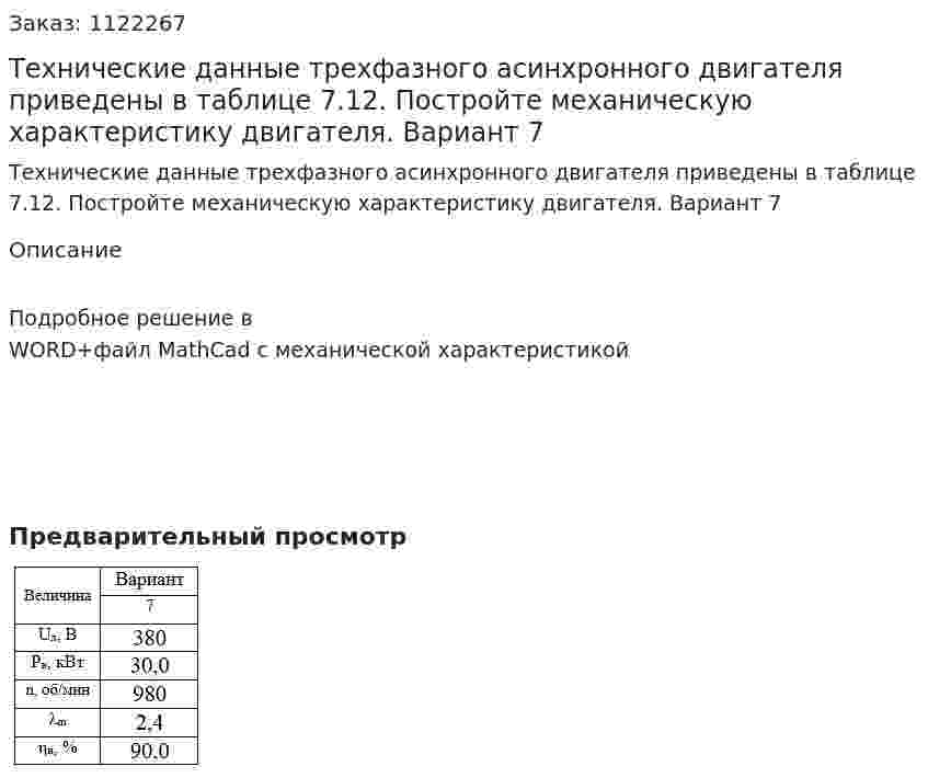 Технические данные трехфазного асинхронного двигателя приведены в таблице 7.12. Постройте механическую характеристику двигателя. Вариант 7 