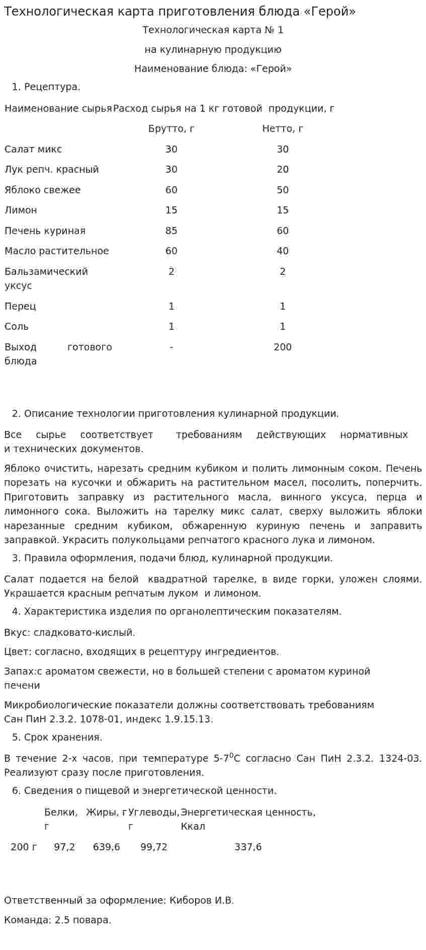 Технологическая карта приготовления блюда «Герой»