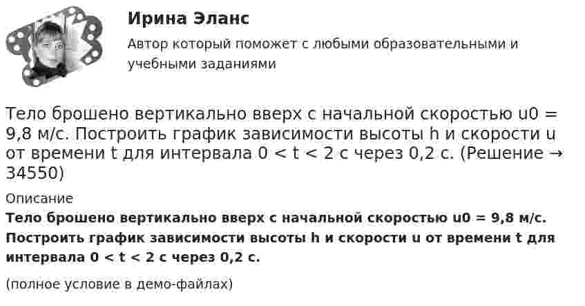     
          Описание
          Тело брошено вертикально вверх с начальной скоростью u0 = 9,8 м/с. Построить график зависимости высоты h и скорости u от времени t для интервала 0 < t < 2 с через 0,2 с.(полное условие в демо-файлах)  
            
            
            Тело брошено вертикально вверх с начальной скоростью 4,9 м/с. Рассчитать путь, пройденный телом за 2 с.Тело брошено вертикально вверх с начальной скоростью u0 = 9,8 м/с. Построить график зависимости высоты h и скорости u от времени t для интервала 0 < t < 2 с через 0,2 с.Тело брошено вертикально вверх с начальной скоростью v0 = 4 м/с. Когда оно достигло верхней точки полета из того же начального пункта, с той же начальной скоростью v0 вертикально вверх брошено второе тело. На каком Тело брошено вертикально вверх с начальной скоростью V0 = 4 м/с. Когда оно достигло верхней точки полёта, из того же начального пункта с той же начальной скоростью V0 вертикально вверх брошено второе тело. На каком расстоянии h Тело брошено вертикально вверх с начальной скоростью v0 = 4 м/с. Когда оно достигло верхней точки полета из того же начального пункта, с той же начальной скоростью v0 вертикально вверх брошено второе тело. На каком расстоянии h от начального пунктаТело брошено вертикально вверх со скоростью 20 м/с. Пренебрегая сопротивлением воздуха, определить, на какой высоте кинетическая энергия тела будет равна его потенциальной энергии.Тело брошено вертикально вверх со скоростью 30 м/с. За какое время оно пролетит 50 м?Тело, брошенное вертикально вверх, находилось на высоте h = 8,5 м через 0,5 с после броска. Пренебрегая сопротивлением воздуха, вычислить начальную скорость брошенного тела.Тело, брошенное вертикально вверх, находилось на одной и той же высоте h = 3,6 м два раза с интервалом t = 3 с. Пренебрегая сопротивлением воздуха, вычислить начальную скорость 0 брошенного тела.Тело, брошенное вертикально вверх, находилось на одной и той же высоте h = 8,6 м два раза с интервалом t = 3 с. Пренебрегая сопротивлением воздуха, вычислить начальную скорость 0 брошенного тела.Тело, брошенное вертикально вверх, находилось на одной и той же высоте h = 8,6 м два раза с интервалом t = 3 с. Пренебрегая сопротивлением воздуха, вычислить начальную скорость брошенного тела.Тело, брошенное вертикально вверх, находилось на одной и той же высоте h = 8,75 м два раза с интервалом ∆t = 3 с. Пренебрегая сопротивлением воздуха, вычислить начальную скорость тела.Тело, брошенное вертикально вверх, упало обратно через 4 с после начала движения. Определить кинетическую энергию тела в момент бросания и потенциальную энергию в наивысшей точке, если его масса 0,5 кг. Сопротивление воздуху не учитыватьТело, брошенное под углом 60° к горизонту со скоростью 10 м/с, в высшей точке траектории имеет импульс 10 кг•м/с. Определить массу тела.