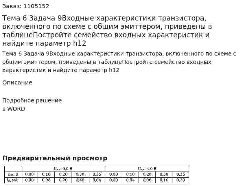 Тема 6 Задача 9Входные характеристики транзистора, включенного по схеме с общим эмиттером, приведены в таблицеПостройте семейство входных характеристик и найдите параметр h12 