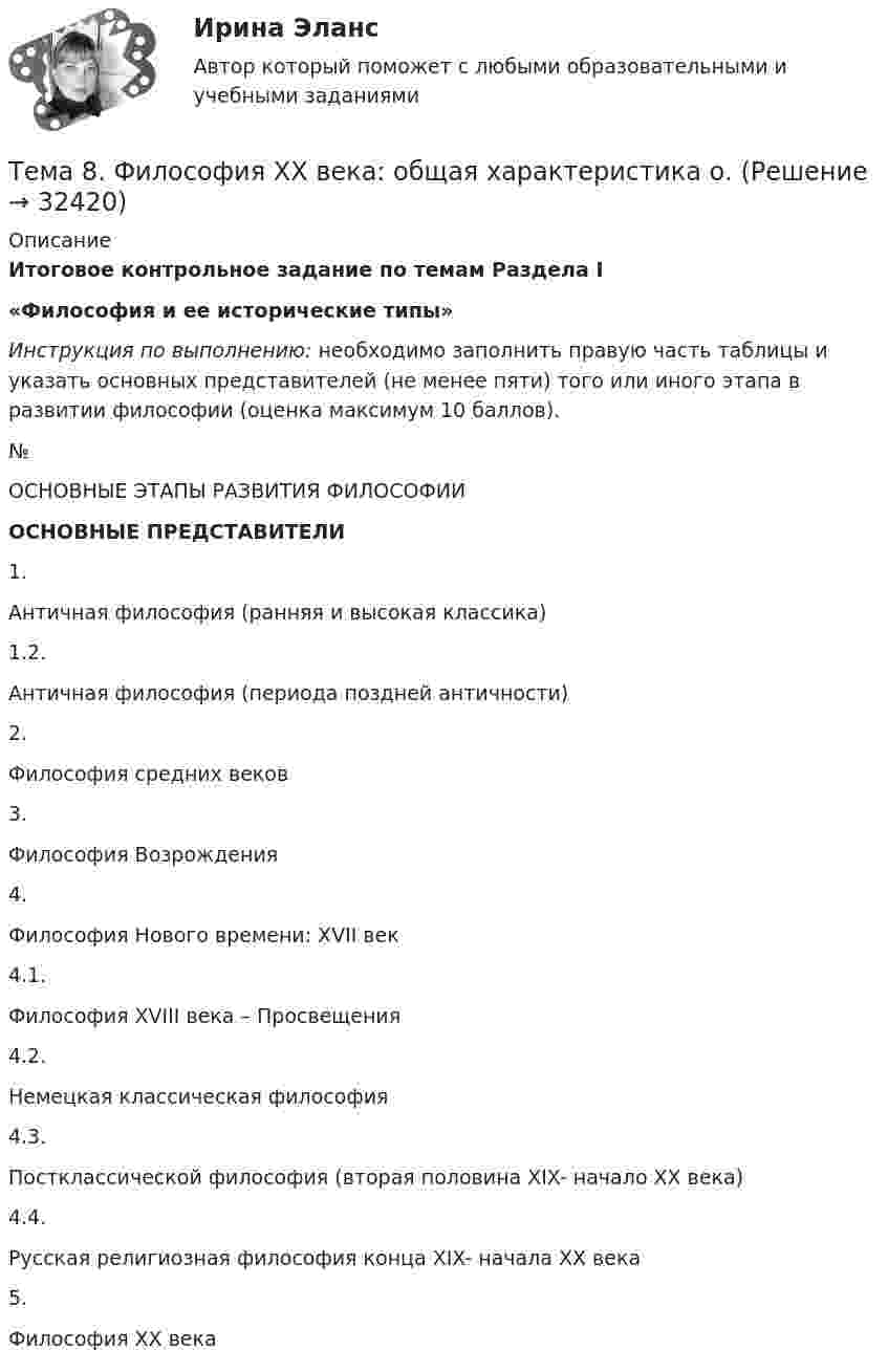      
          Описание
          Итоговое контрольное задание по темам Раздела I «Философия и ее исторические типы»Инструкция по выполнению: необходимо заполнить правую часть таблицы и указать основных представителей (не менее пяти) того или иного этапа в развитии философии (оценка максимум 10 баллов).   № ОСНОВНЫЕ ЭТАПЫ РАЗВИТИЯ ФИЛОСОФИИ ОСНОВНЫЕ ПРЕДСТАВИТЕЛИ   1. Античная философия (ранняя и высокая классика)    1.2. Античная философия (периода поздней античности)    2. Философия средних веков    3. Философия Возрождения    4. Философия Нового времени: XVII век    4.1. Философия XVIII века – Просвещения    4.2. Немецкая классическая философия    4.3. Постклассической философия (вторая половина XIX- начало XX века)    4.4. Русская религиозная философия конца XIX- начала XX века    5. Философия XX века    
            
            
            Тема 8 Технология проведения деловых бесед и переговоров.Тема 8. Философия XX века: общая характеристика о.🌞Тема 8. Ценообразование, доходы и финансовые результаты организации/ Экономика и финансы организации /Синергия / МТИ / МосАП. Новый сборник на отлично! Гарантия высокой оценки!Тема 8. ЧИСТАЯ МОНОПОЛИЯТема 9. Аудиторская проверка бухгалтерской отчетности🏅Тема 9. Конфликты в управлении персоналом на государственной и муниципальной службе / Управление персоналом государственной и муниципальной службы/ Синергия / МТИ / МосАП. Новые ответы на отличноТема 9. Личность и обществоТема 7. СТИЛИСТИКА ЧАСТЕЙ РЕЧИТема 7. ТИПЫ РЫНОЧНЫХ СТРУКТУР. СОВЕРШЕННАЯ КОНКУРЕНЦИЯ🏅Тема 7. Физическая культура в профессиональной деятельности Ответы на отлично! (100/100) Синергия / МТИ / МосАПТема 8. Аудиторская проверка учета финансовых результатовТема 8 Индустриальный период цивилизации🏅Тема 8. Критерии, методы оценки персонала государственной службы и контроль в системе управления персоналом государственной службы / Управление персоналом государственной и муниципальной службы/ Синергия / МТИ / МосАП. Новые ответы на отлично🏅Тема 8. Профилактика профессиональных заболеваний и травматизма средствами физической культуры и спорта Ответы на отлично! (100/100) Синергия / МТИ / МосАП
