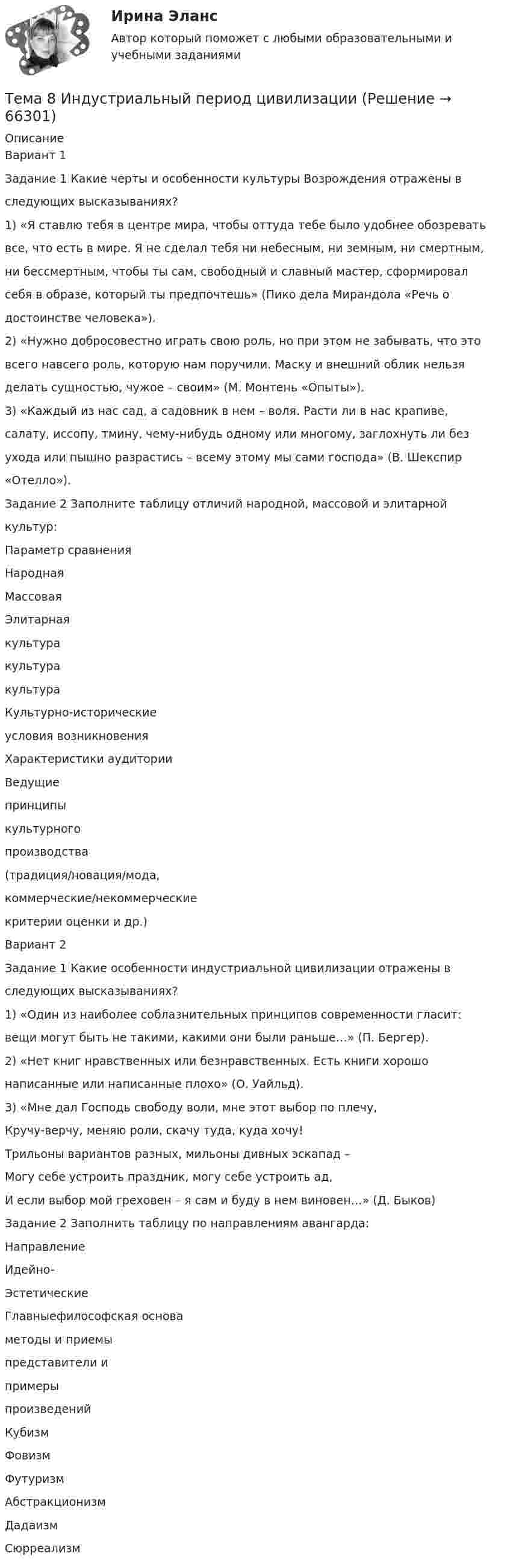      
            Описание
            Вариант 1Задание 1 Какие черты и особенности культуры Возрождения отражены вследующих высказываниях?1) «Я ставлю тебя в центре мира, чтобы оттуда тебе было удобнее обозреватьвсе, что есть в мире. Я не сделал тебя ни небесным, ни земным, ни смертным,ни бессмертным, чтобы ты сам, свободный и славный мастер, сформировалсебя в образе, который ты предпочтешь» (Пико дела Мирандола «Речь одостоинстве человека»).2) «Нужно добросовестно играть свою роль, но при этом не забывать, что этовсего навсего роль, которую нам поручили. Маску и внешний облик нельзяделать сущностью, чужое – своим» (М. Монтень «Опыты»).3) «Каждый из нас сад, а садовник в нем – воля. Расти ли в нас крапиве,салату, иссопу, тмину, чему-нибудь одному или многому, заглохнуть ли безухода или пышно разрастись – всему этому мы сами господа» (В. Шекспир«Отелло»).Задание 2 Заполните таблицу отличий народной, массовой и элитарнойкультур:Параметр сравненияНароднаяМассоваяЭлитарнаякультуракультуракультураКультурно-историческиеусловия возникновенияХарактеристики аудиторииВедущиепринципыкультурногопроизводства(традиция/новация/мода,коммерческие/некоммерческиекритерии оценки и др.)Вариант 2Задание 1 Какие особенности индустриальной цивилизации отражены вследующих высказываниях?1) «Один из наиболее соблазнительных принципов современности гласит:вещи могут быть не такими, какими они были раньше…» (П. Бергер).2) «Нет книг нравственных или безнравственных. Есть книги хорошонаписанные или написанные плохо» (О. Уайльд).3) «Мне дал Господь свободу воли, мне этот выбор по плечу,Кручу-верчу, меняю роли, скачу туда, куда хочу!Трильоны вариантов разных, мильоны дивных эскапад –Могу себе устроить праздник, могу себе устроить ад,И если выбор мой греховен – я сам и буду в нем виновен…» (Д. Быков)Задание 2 Заполнить таблицу по направлениям авангарда:НаправлениеИдейно-ЭстетическиеГлавныефилософская основаметоды и приемыпредставители ипримерыпроизведенийКубизмФовизмФутуризмАбстракционизмДадаизмСюрреализм   
            
            
            Тема 8. Аудиторская проверка учета финансовых результатовТема 8 Индустриальный период цивилизации🏅Тема 8. Критерии, методы оценки персонала государственной службы и контроль в системе управления персоналом государственной службы / Управление персоналом государственной и муниципальной службы/ Синергия / МТИ / МосАП. Новые ответы на отлично🏅Тема 8. Профилактика профессиональных заболеваний и травматизма средствами физической культуры и спорта Ответы на отлично! (100/100) Синергия / МТИ / МосАПТема 8. СИНТАКСИЧЕСКАЯ СТИЛИСТИКАТема 8 Технология проведения деловых бесед и переговоров.Тема 8. Философия XX века: общая характеристика о.Тема 7. Государственный кредит и государственный д...ТК - 7. Задание🌞Тема 7. Затраты организации, себестоимость продукции / Экономика и финансы организации /Синергия / МТИ / МосАП. Новый сборник на отлично! Гарантия высокой оценки!Тема 7 Логистика🏅Тема 7. Мотивация труда на государственной и муниципальной службе / Управление персоналом государственной и муниципальной службы/ Синергия / МТИ / МосАП. Новые ответы на отлично (100/100)ТЕМА 7 ПОСТАВЩИКИ ТОВАРОВ И КРИТЕРИИ ВЫБОРА. ОСНОВНЫЕ ФАКТОРЫ И КРИТИЕРИИ ВЫБОРАТема 7. СТИЛИСТИКА ЧАСТЕЙ РЕЧИТема 7. ТИПЫ РЫНОЧНЫХ СТРУКТУР. СОВЕРШЕННАЯ КОНКУРЕНЦИЯ
