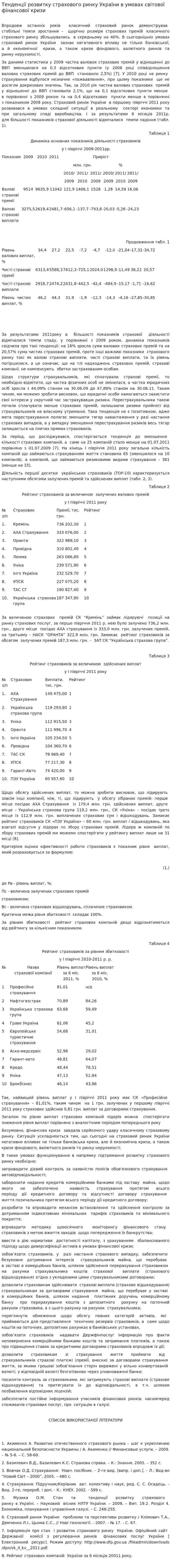 Тенденції розвитку страхового ринку України в умовах світової фінансової кризи