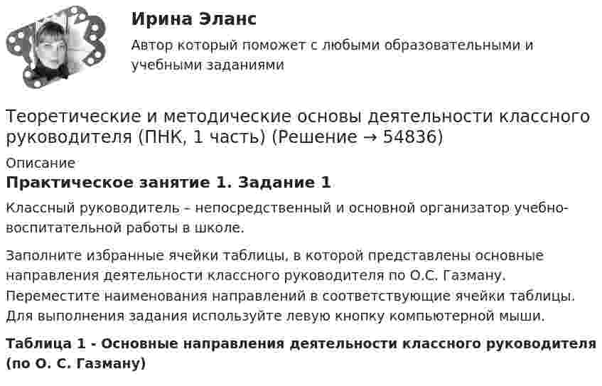      
            Описание
            Практическое занятие 1. Задание 1Классный руководитель – непосредственный и основной организатор учебно-воспитательной работы в школе.Заполните избранные ячейки таблицы, в которой представлены основные направления деятельности классного руководителя по О.С. Газману. Переместите наименования направлений в соответствующие ячейки таблицы. Для выполнения задания используйте левую кнопку компьютерной мыши.Таблица 1 - Основные направления деятельности классного руководителя (по О. С. Газману)   
            
            
            Теоретические и методические основы деятельности классного руководителя (ПНК, 1 часть)Теоретические и методические основы деятельности классного руководителя (ПНК, 1 часть)Теоретические и методические основы деятельности классного руководителя (ПНК, 1 часть) Практическое занятие 1. Задания 5, 7Теоретические и методические основы деятельности классного руководителя (ПНК, 1 часть) Тест 1Теоретические и методические основы деятельности классного руководителя (ПНК, 1 часть) Тест 2Теоретические и методические основы деятельности классного руководителя (ПНК, 1 часть) Тест 3Теоретические и методические основы деятельности классного руководителя (ПНК, 2 часть)Теоретические и методические основы деятельности классного руководителя (ПНК, 1 часть)Теоретические и методические основы деятельности классного руководителя (ПНК, 1 часть)Теоретические и методические основы деятельности классного руководителя (ПНК, 1 часть)Теоретические и методические основы деятельности классного руководителя (ПНК, 1 часть)Теоретические и методические основы деятельности классного руководителя (ПНК, 1 часть)Теоретические и методические основы деятельности классного руководителя (ПНК, 1 часть)Теоретические и методические основы деятельности классного руководителя (ПНК, 1 часть)