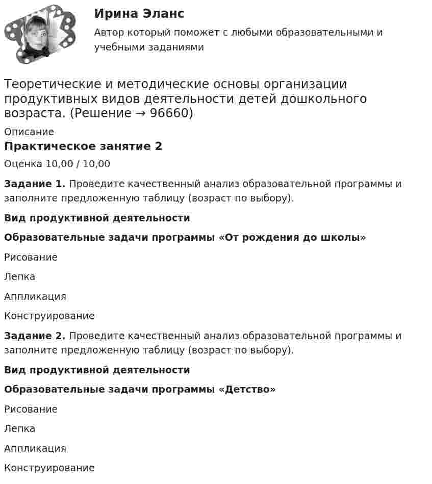      
            Описание
            Практическое занятие 2Оценка 10,00 / 10,00Задание 1. Проведите качественный анализ образовательной программы и заполните предложенную таблицу (возраст по выбору).Вид продуктивной деятельностиОбразовательные задачи программы «От рождения до школы»РисованиеЛепкаАппликацияКонструированиеЗадание 2. Проведите качественный анализ образовательной программы и заполните предложенную таблицу (возраст по выбору).Вид продуктивной деятельностиОбразовательные задачи программы «Детство»РисованиеЛепкаАппликацияКонструирование   
            
            
            Теоретические и методические основы организации продуктивных видов деятельности детей дошкольного возраста.Теоретические и методические основы организации продуктивных видов деятельности детей дошкольного возраста.Теоретические и методические основы организации продуктивных видов деятельности детей дошкольного возраста.Теоретические и методические основы организации продуктивных видов деятельности детей дошкольного возраста (ДО)Теоретические и методические основы организации продуктивных видов деятельности детей дошкольного возраста (ДО)Теоретические и методические основы организации продуктивных видов деятельности детей дошкольного возраста (ДО)Теоретические и методические основы организации продуктивных видов деятельности детей дошкольного возраста (ДО)Теоретические и методические основы организации игровой деятельности детей раннего и дошкольного возраста  ТЕСТ-1   НСПКТеоретические и методические основы организации игровой деятельности детей раннего и дошкольного возраста ТЕСТ 2Теоретические и методические основы организации игровой деятельности детей раннего и дошкольного возраста  ТЕСТ-2   НСПКТеоретические и методические основы организации игровой деятельности детей раннего и дошкольного возраста ТЕСТ 3Теоретические и методические основы организации игровой деятельности детей раннего и дошкольного возраста  ТЕСТ-3   НСПКТеоретические и методические основы организации игровой деятельности детей раннего и дошкольного возраста (филворд)  Практическое занятие 1. Задание 3   НСПКТеоретические и методические основы организации продуктивных видов деятельности детей дошкольного возраста