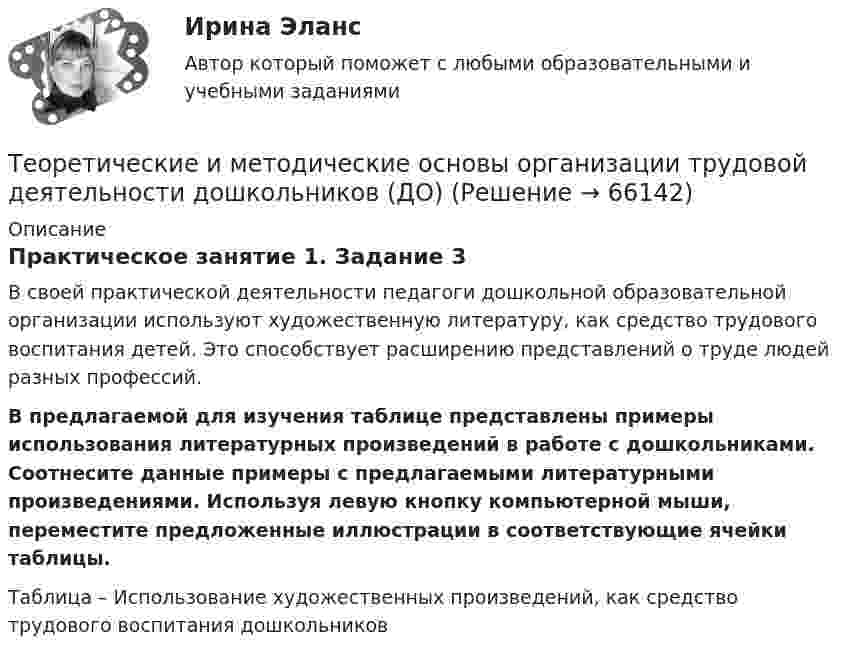      
            Описание
            Практическое занятие 1. Задание 3В своей практической деятельности педагоги дошкольной образовательной организации используют художественную литературу, как средство трудового воспитания детей. Это способствует расширению представлений о труде людей разных профессий. В предлагаемой для изучения таблице представлены примеры использования литературных произведений в работе с дошкольниками. Соотнесите данные примеры с предлагаемыми литературными произведениями. Используя левую кнопку компьютерной мыши, переместите предложенные иллюстрации в соответствующие ячейки таблицы. Таблица – Использование художественных произведений, как средство трудового воспитания дошкольников    
            
            
            Теоретические и методические основы организации трудовой деятельности дошкольников (ДО)Теоретические и методические основы организации трудовой деятельности дошкольников (ДО)Теоретические и методические основы организации трудовой деятельности дошкольников (ДО)Теоретические и методические основы организации трудовой деятельности дошкольников (ДО)Теоретические и методические основы организации трудовой деятельности дошкольников (ДО)Теоретические и методические основы организации трудовой деятельности дошкольников (ДО)Теоретические и методические основы организации трудовой деятельности дошкольников (ДО)Теоретические и методические основы организации продуктивных видов деятельности НСПК ДО Тестовые вопросы к разделу 1Теоретические и методические основы организации продуктивных видов деятельности НСПК ДО Тестовые вопросы к разделу 2Теоретические и методические основы организации продуктивных видов деятельности НСПК ДО Тестовые вопросы к разделу 3Теоретические и методические основы организации трудовой деятельности дошкольников (ДО)Теоретические и методические основы организации трудовой деятельности дошкольников (ДО)Теоретические и методические основы организации трудовой деятельности дошкольников (ДО)Теоретические и методические основы организации трудовой деятельности дошкольников (ДО)