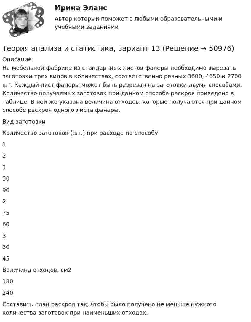     
            Описание
            На мебельной фабрике из стандартных листов фанеры необходимо вырезать заготовки трех видов в количествах, соответственно равных 3600, 4650 и 2700 шт. Каждый лист фанеры может быть разрезан на заготовки двумя способами. Количество получаемых заготовок при данном способе раскроя приведено в таблице. В ней же указана величина отходов, которые получаются при данном способе раскроя одного листа фанеры.  Вид заготовки Количество заготовок (шт.) при расходе по способу   1 2   1 30 90   2 75 60   3 30 45   Величина отходов, см2 180 240 Составить план раскроя так, чтобы было получено не меньше нужного количества заготовок при наименьших отходах.  
            
            
            Теория анализа и статистика, вариант 1Теория анализа и статистика, вариант 13Теория анализа и статистика, вариант 14Теория анализа и статистика, вариант 18Теория анализа и статистика, вариант 19Теория анализа и статистика, вариант 20Теория анализа и статистика, вариант 21💯 Теория автоматического управления.ти (ответы на тест Синергия / МОИ / МТИ / МосАП, декабрь 2023)💯 Теория автоматического управления.ти (ответы на тест Синергия / МОИ / МТИ / МосАП, сентябрь 2023)Теория автоматического управления.ти (ответы на тест Синергия / МТИ / МосАП МОИТеория автоматического управления.ти (тест с ответами Синергия/МОИ/ МТИ)Теория автомобилей Задача 1.68  и Задача 1.53Теория администрации ФайоляТеория алгоритмов ДГТУ