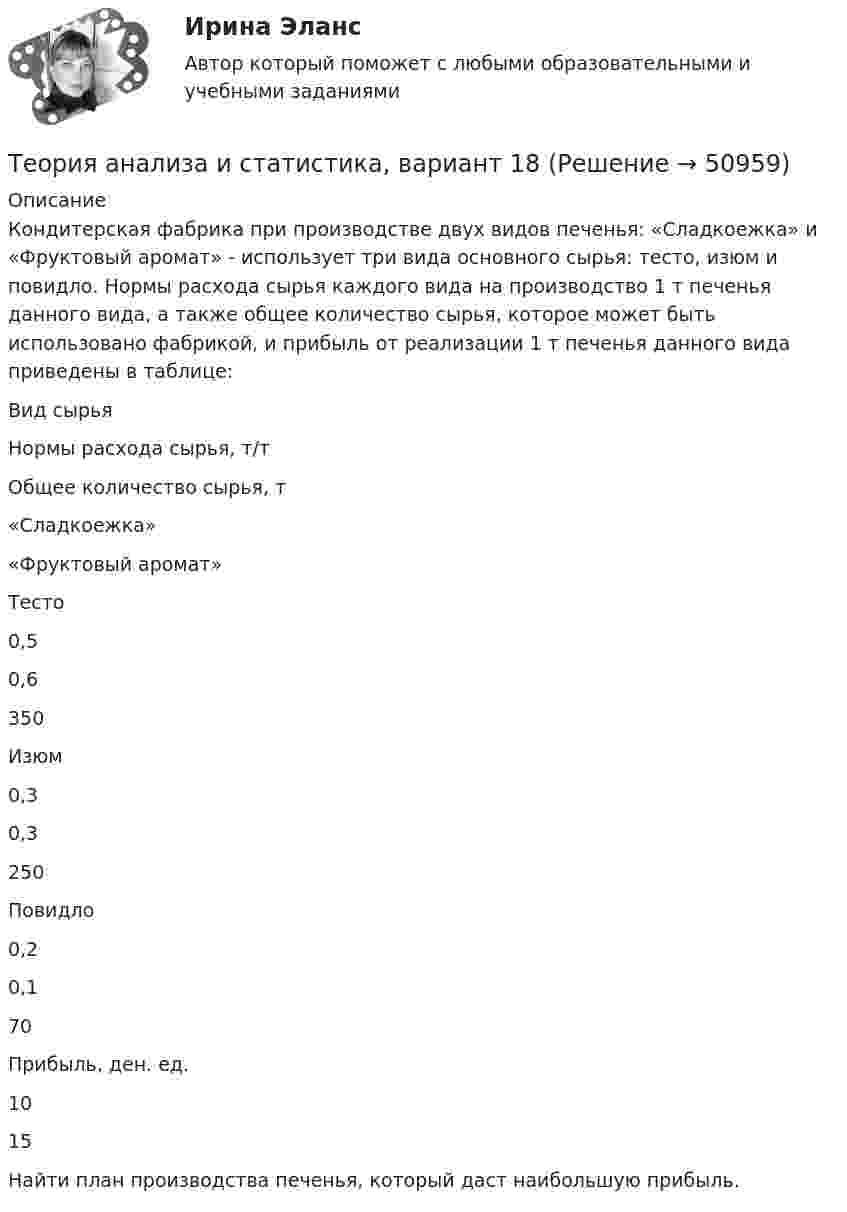     
            Описание
            	Кондитерская фабрика при производстве двух видов печенья: «Сладкоежка» и «Фруктовый аромат» - использует три вида основного сырья: тесто, изюм и повидло. Нормы расхода сырья каждого вида на производство 1 т печенья данного вида, а также общее количество сырья, которое может быть использовано фабрикой, и прибыль от реализации 1 т печенья данного вида приведены в таблице:   Вид сырья Нормы расхода сырья, т/т Общее количество сырья, т   «Сладкоежка» «Фруктовый аромат»   Тесто 0,5 0,6 350   Изюм 0,3 0,3 250   Повидло 0,2 0,1 70   Прибыль, ден. ед. 10 15  	Найти план производства печенья, который даст наибольшую прибыль.  
            
            
            Теория анализа и статистика, вариант 14Теория анализа и статистика, вариант 18Теория анализа и статистика, вариант 19Теория анализа и статистика, вариант 20Теория анализа и статистика, вариант 21Теория анализа и статистика, вариант 23Теория анализа и статистика, вариант 26Теория автоматического управления.ти (ответы на тест Синергия / МТИ / МосАП МОИТеория автоматического управления.ти (тест с ответами Синергия/МОИ/ МТИ)Теория автомобилей Задача 1.68  и Задача 1.53Теория администрации ФайоляТеория алгоритмов ДГТУТеория анализа и статистика, 24 вариантТеория анализа и статистика, вариант 1