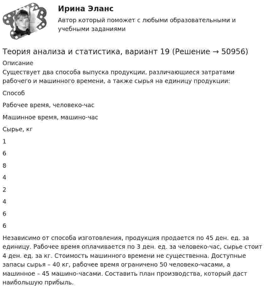     
            Описание
            	Существует два способа выпуска продукции, различающиеся затратами рабочего и машинного времени, а также сырья на единицу продукции:  Способ Рабочее время, человеко-час Машинное время, машино-час Сырье, кг   1 6 8 4   2 4 6 6  	Независимо от способа изготовления, продукция продается по 45 ден. ед. за единицу. Рабочее время оплачивается по 3 ден. ед. за человеко-час, сырье стоит 4 ден. ед. за кг. Стоимость машинного времени не существенна. Доступные запасы сырья – 40 кг, рабочее время ограничено 50 человеко-часами, а машинное – 45 машино-часами. Составить план производства, который даст наибольшую прибыль.  
            
            
            Теория анализа и статистика, вариант 18Теория анализа и статистика, вариант 19Теория анализа и статистика, вариант 20Теория анализа и статистика, вариант 21Теория анализа и статистика, вариант 23Теория анализа и статистика, вариант 26Теория анализа и статистика, вариант 27Теория автоматического управления.ти (тест с ответами Синергия/МОИ/ МТИ)Теория автомобилей Задача 1.68  и Задача 1.53Теория администрации ФайоляТеория алгоритмов ДГТУТеория анализа и статистика, 24 вариантТеория анализа и статистика, вариант 1Теория анализа и статистика, вариант 13