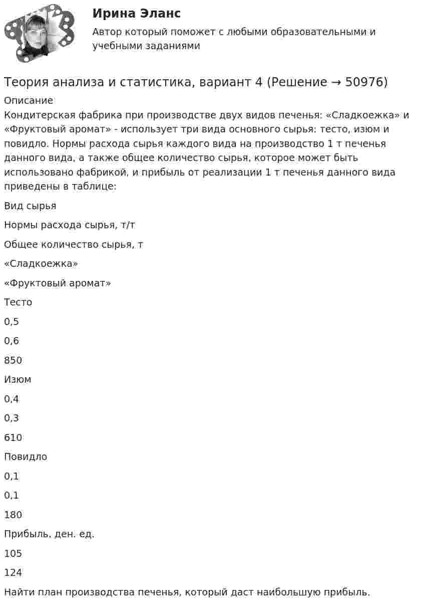     
            Описание
            	Кондитерская фабрика при производстве двух видов печенья: «Сладкоежка» и «Фруктовый аромат» - использует три вида основного сырья: тесто, изюм и повидло. Нормы расхода сырья каждого вида на производство 1 т печенья данного вида, а также общее количество сырья, которое может быть использовано фабрикой, и прибыль от реализации 1 т печенья данного вида приведены в таблице:   Вид сырья Нормы расхода сырья, т/т Общее количество сырья, т   «Сладкоежка» «Фруктовый аромат»   Тесто 0,5 0,6 850   Изюм 0,4 0,3 610   Повидло 0,1 0,1 180   Прибыль, ден. ед. 105 124  	Найти план производства печенья, который даст наибольшую прибыль.  
            
            
            Теория анализа и статистика, вариант 35Теория анализа и статистика, вариант 4Теория анализа и статистика, вариант 46Теория анализа и статистика, вариант 48 (графический метод)Теория анализа и статистика, вариант 5Теория анализа и статистика, вариант 7Теория анализа и статистика, вариант 8Теория анализа и статистика, вариант 14Теория анализа и статистика, вариант 18Теория анализа и статистика, вариант 19Теория анализа и статистика, вариант 20Теория анализа и статистика, вариант 21Теория анализа и статистика, вариант 23Теория анализа и статистика, вариант 26