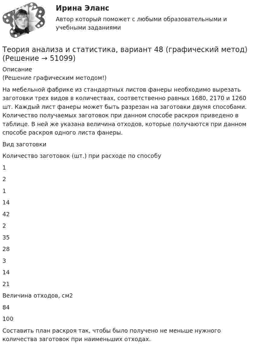     
            Описание
            (Решение графическим методом!)На мебельной фабрике из стандартных листов фанеры необходимо вырезать заготовки трех видов в количествах, соответственно равных 1680, 2170 и 1260 шт. Каждый лист фанеры может быть разрезан на заготовки двумя способами. Количество получаемых заготовок при данном способе раскроя приведено в таблице. В ней же указана величина отходов, которые получаются при данном способе раскроя одного листа фанеры.  Вид заготовки Количество заготовок (шт.) при расходе по способу   1 2   1 14 42   2 35 28   3 14 21   Величина отходов, см2 84 100 Составить план раскроя так, чтобы было получено не меньше нужного количества заготовок при наименьших отходах.  
            
            
            Теория анализа и статистика, вариант 46Теория анализа и статистика, вариант 48 (графический метод)Теория анализа и статистика, вариант 5Теория анализа и статистика, вариант 7Теория анализа и статистика, вариант 8Теория антикризисного управления предприятием вариант 4Теория баз данных Тема: Многотабличные базы данных.Теория анализа и статистика, вариант 19Теория анализа и статистика, вариант 20Теория анализа и статистика, вариант 21Теория анализа и статистика, вариант 23Теория анализа и статистика, вариант 26Теория анализа и статистика, вариант 27Теория анализа и статистика, вариант 35