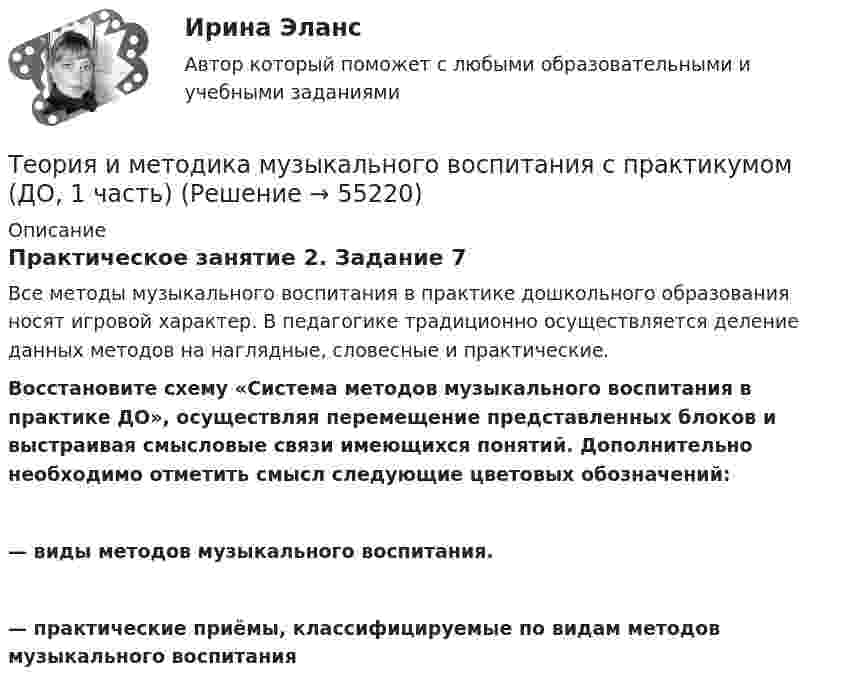      
            Описание
            Практическое занятие 2. Задание 7Все методы музыкального воспитания в практике дошкольного образования носят игровой характер.  В педагогике традиционно осуществляется деление данных методов на наглядные, словесные и прак­тические. Восстановите схему «Система методов музыкального воспитания в практике ДО», осуществляя перемещение представленных блоков и выстраивая смысловые связи имеющихся понятий. Дополнительно необходимо отметить смысл следующие цветовых обозначений: — виды методов музыкального воспитания. — практические приёмы, классифицируемые по видам методов музыкального воспитания   
            
            
            Теория и методика музыкального воспитания с практикумом (ДО, 1 часть)Теория и методика музыкального воспитания с практикумом (ДО, 1 часть)Теория и методика музыкального воспитания с практикумом (ДО, 1 часть)Теория и методика музыкального воспитания с практикумом (ДО, 1 часть)Теория и методика музыкального воспитания с практикумом (ДО, 1 часть)Теория и методика музыкального воспитания с практикумом (ДО, 1 часть)Теория и методика музыкального воспитания с практикумом (ДО, 1 часть)Теория и методика музыкального воспитания с практикумомТеория и методика музыкального воспитания с практикумомТеория и методика музыкального воспитания с практикумомТеория и методика музыкального воспитания с практикумомТеория и методика музыкального воспитания с практикумом теория и методика музыкального воспитания с практикумом (ДО) 1чТеория и методика музыкального воспитания с практикумом (ДО, 1 часть)