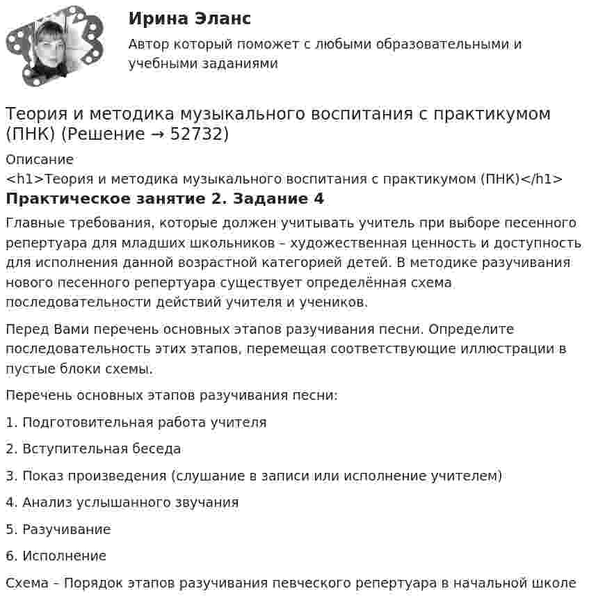      
            Описание
            <h1>Теория и методика музыкального воспитания с практикумом (ПНК)</h1>Практическое занятие 2. Задание 4Главные требования, которые должен учитывать учитель при выборе песенного репертуара для младших школьников – художественная ценность и доступность для исполнения данной возрастной категорией детей. В методике разучивания нового песенного репертуара существует определённая схема последовательности действий учителя и учеников.Перед Вами перечень основных этапов разучивания песни. Определите последовательность этих этапов, перемещая соответствующие иллюстрации в пустые блоки схемы.Перечень основных этапов разучивания песни:1.      Подготовительная работа учителя2.      Вступительная беседа3.      Показ произведения (слушание в записи или исполнение учителем)4.      Анализ услышанного звучания5.      Разучивание6.      ИсполнениеСхема – Порядок этапов разучивания певческого репертуара в начальной школе  
            
            
            Теория и методика музыкального воспитания с практикумом (ПНК)Теория и методика музыкального воспитания с практикумом (ПНК)Теория и методика музыкального воспитания с практикумом (ПНК)Теория и методика музыкального воспитания с практикумом (ПНК)Теория и методика музыкального воспитания с практикумом (ПНК)Теория и методика музыкального воспитания с практикумом (ПНК)Теория и методика музыкального воспитания с практикумом (ПНК)Теория и методика музыкального воспитания с практикумом (ПНК)Теория и методика музыкального воспитания с практикумом (ПНК)Теория и методика музыкального воспитания с практикумом (ПНК)Теория и методика музыкального воспитания с практикумом (ПНК)Теория и методика музыкального воспитания с практикумом (ПНК)Теория и методика музыкального воспитания с практикумом (ПНК)Теория и методика музыкального воспитания с практикумом (ПНК)