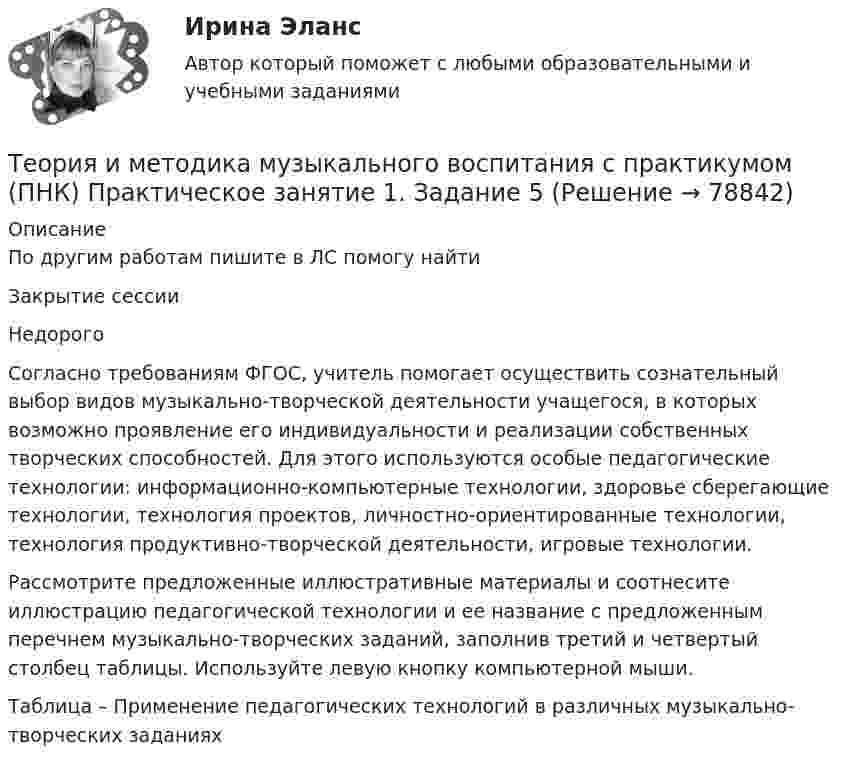     
            Описание
            По другим работам пишите в ЛС помогу найтиЗакрытие сессииНедорогоСогласно требованиям ФГОС, учитель помогает осуществить сознательный выбор видов музыкально-творческой деятельности учащегося, в которых возможно проявление его индивидуальности и реализации собственных творческих способностей. Для этого используются особые педагогические технологии: информационно-компьютерные технологии, здоровье сберегающие технологии, технология проектов, личностно-ориентированные технологии, технология продуктивно-творческой деятельности, игровые технологии.Рассмотрите предложенные иллюстративные материалы и соотнесите иллюстрацию педагогической технологии и ее название с предложенным перечнем музыкально-творческих заданий, заполнив третий и четвертый столбец таблицы. Используйте левую кнопку компьютерной мыши.Таблица – Применение педагогических технологий в различных музыкально-творческих заданиях   
            
            
            Теория и методика музыкального воспитания с практикумом (ПНК) Практическое занятие 1. Задание 4Теория и методика музыкального воспитания с практикумом (ПНК) Практическое занятие 1. Задание 5Теория и методика музыкального воспитания с практикумом (ПНК) Практическое занятие 1. Задание 8Теория и методика музыкального воспитания с практикумом (ПНК) Практическое занятие 1. Задания 1, 6, 7Теория и методика музыкального воспитания с практикумом (ПНК) Практическое занятие 1. Задания 1, 6, 7Теория и методика музыкального воспитания с практикумом (ПНК) Практическое занятие 2. Задание 1Теория и методика музыкального воспитания с практикумом (ПНК) Практическое занятие 2. Задание 1Теория и методика музыкального воспитания с практикумом (ПНК). Комплексная работа Теория и методика музыкального воспитания с практикумом (ПНК) комплексноеТеория и методика музыкального воспитания с практикумом (ПНК) Комплексное заданиеТеория и методика музыкального воспитания с практикумом ПНК НСПК Практическое занятие 1. Задания 1, 6, 7 (автоматическое)Теория и методика музыкального воспитания с практикумом (ПНК) НСПК Практическое занятие 2. Задания 3, 6, 9, 10, 14, 15, 16Теория и методика музыкального воспитания с практикумом (ПНК) Практическое занятие 1. Задание 2Теория и методика музыкального воспитания с практикумом (ПНК) Практическое занятие 1. Задание 3