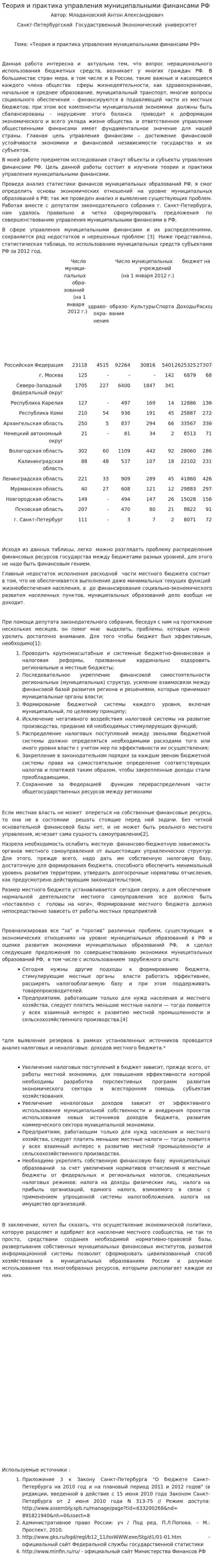 Теория и практика управления муниципальными финансами РФ