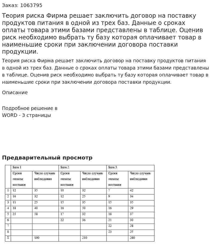 Теория риска  Фирма решает заключить договор на поставку продуктов питания в одной из трех баз. Данные о сроках оплаты товара этими базами представлены в таблице. Оценив риск необходимо выбрать ту базу которая оплачивает товар в наименьшие сроки при заключении договора поставки продукции. 