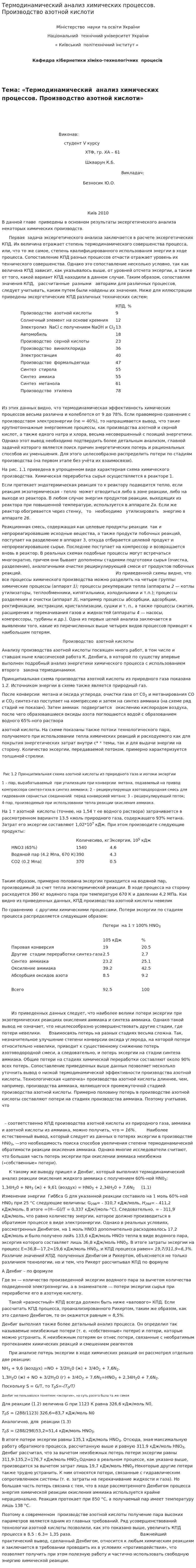 Термодинамический анализ химических процессов. Производство азотной кислоти