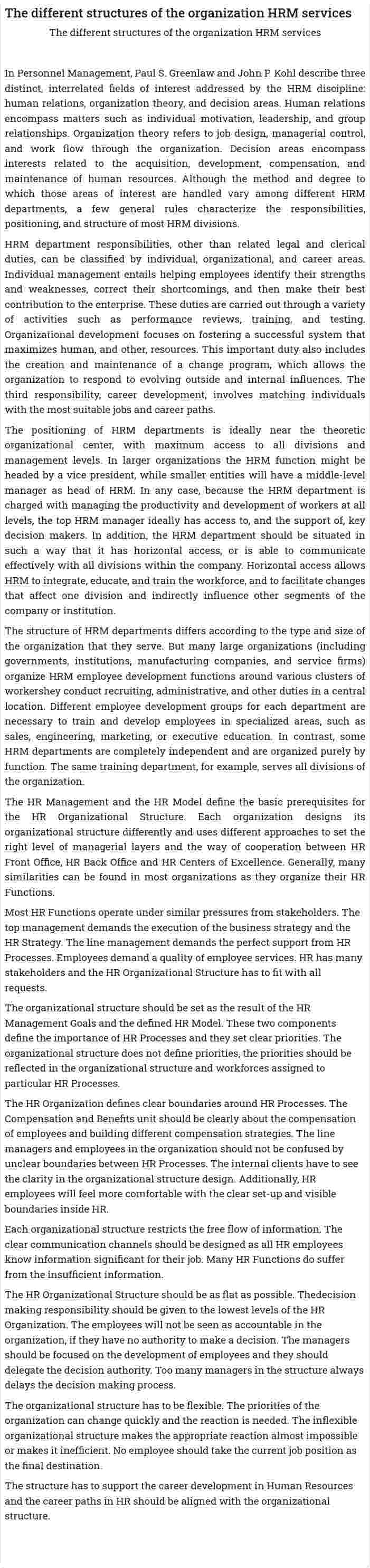 The different structures of the organization HRM services
