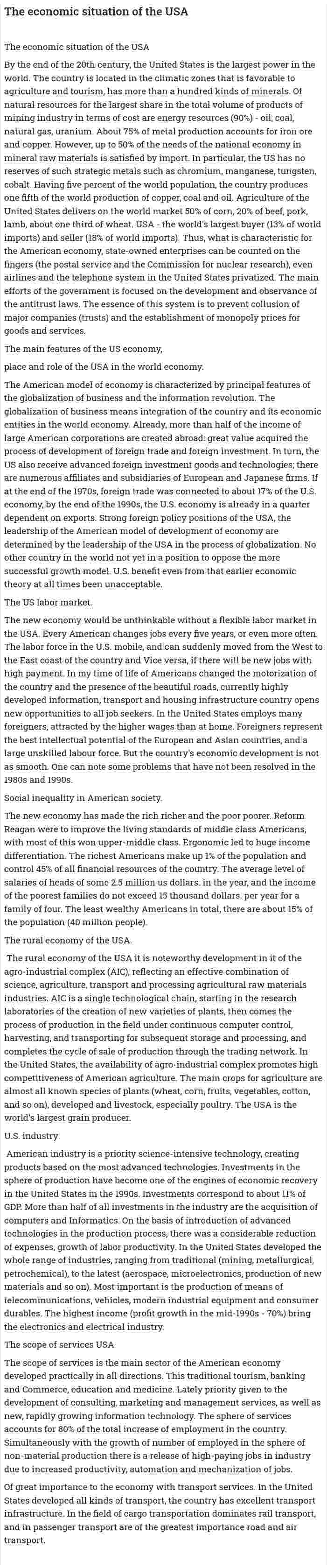 The economic situation of the USA