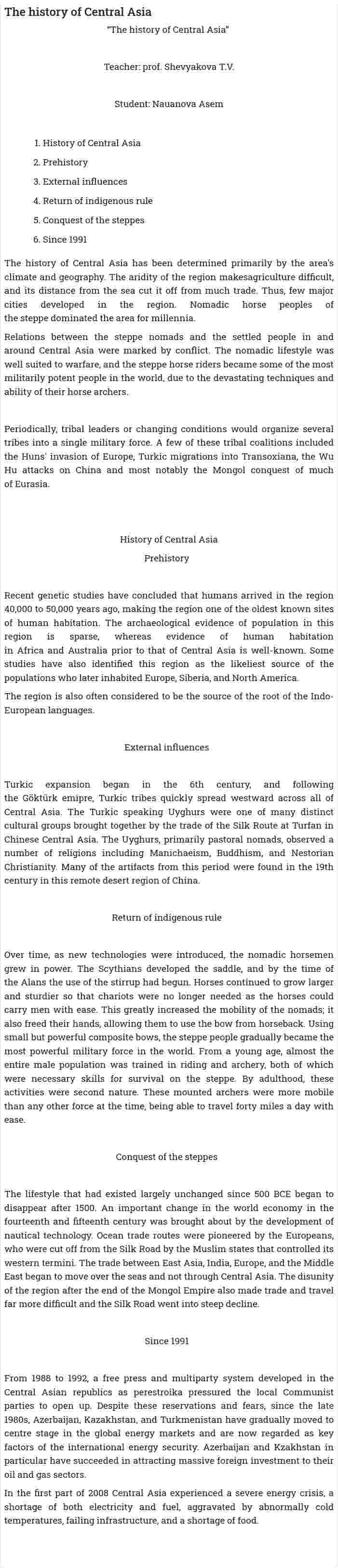 The history of Central Asia