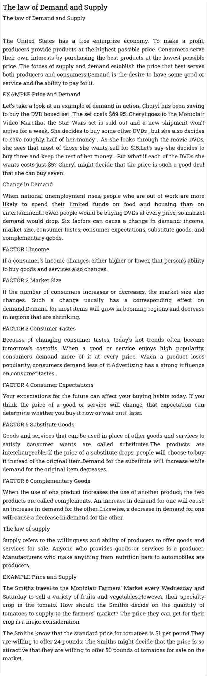 The law of Demand and Supply