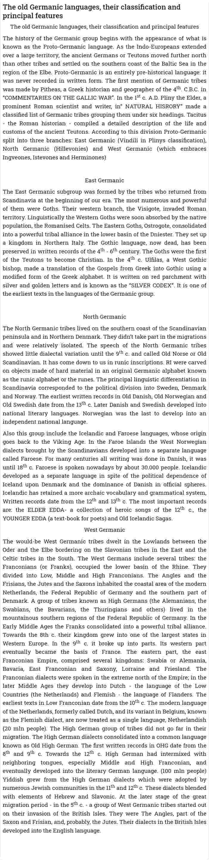 The old Germanic languages, their classification and principal features